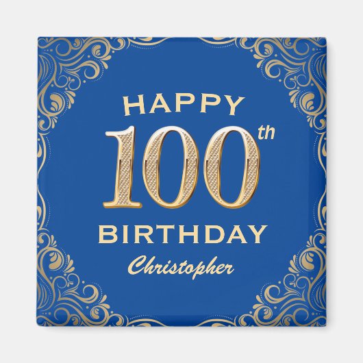 Aimant 100e anniversaire Parties scintillant bleue et or  (Devant)