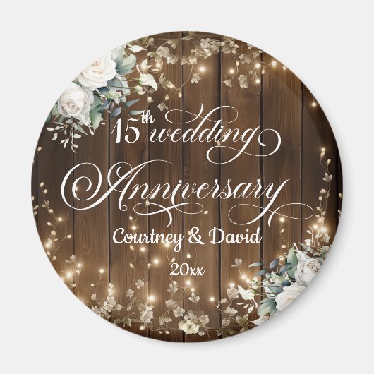 Aimant 15e anniversaire Mariage Rustic String lumière Fav (Devant)