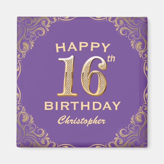 Aimant 16e anniversaire fête violet et or Parties scintil (Devant)