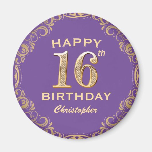 Aimant 16e anniversaire fête violet et or Parties scintil (Devant)
