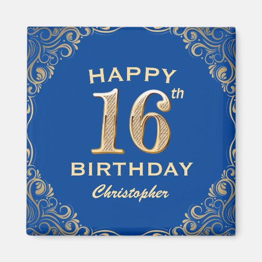 Aimant 16e anniversaire Parties scintillant bleue et or c (Devant)