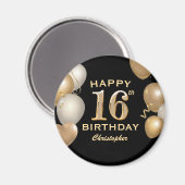 Aimant 16e fête d'anniversaire Ballons noirs et or (Recto/Verso)