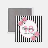 Aimant 18e anniversaire noir rayures florales roses (Recto/Verso)