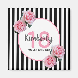Aimant 18e anniversaire noir rayures florales roses