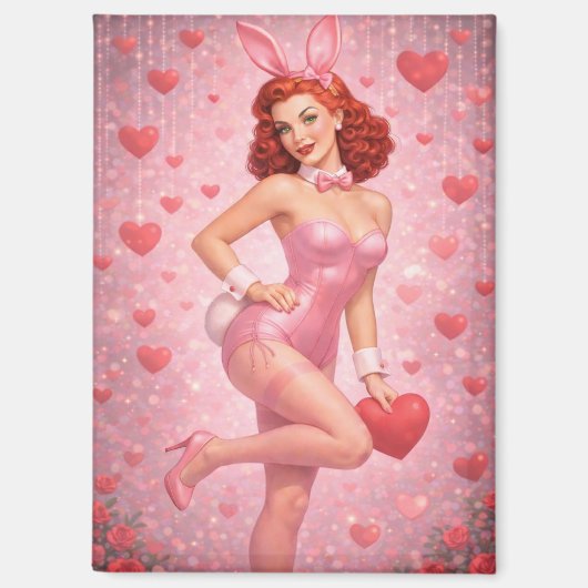 Aimant 1950s Inspired Pink Bunny Art | Playful Valentine (Recto)