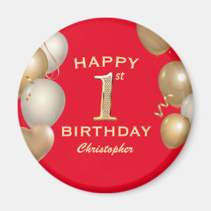 Aimant 1ère fête d'anniversaire Ballons rouges et or