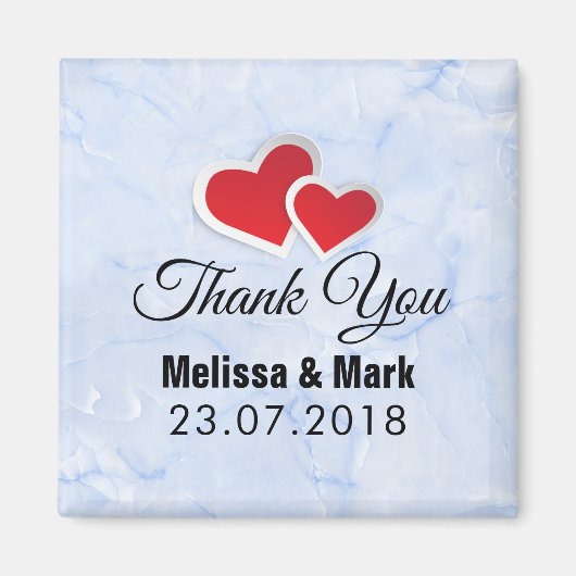 Aimant 2 Coeurs en papier rouge sur Mariage en marbre ble (Devant)