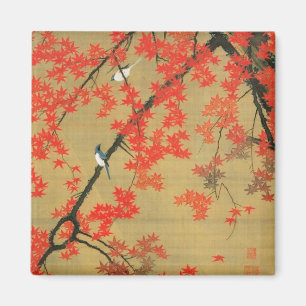 Aimant 30. 紅 葉 小 禽 図, 冲 Érable et petits oiseaux, Jakuchu
