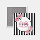 Aimant 30e anniversaire noir rayures rose florales nom (Recto/Verso)