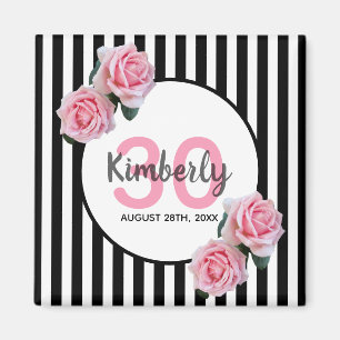 Aimant 30e anniversaire noir rayures rose florales nom