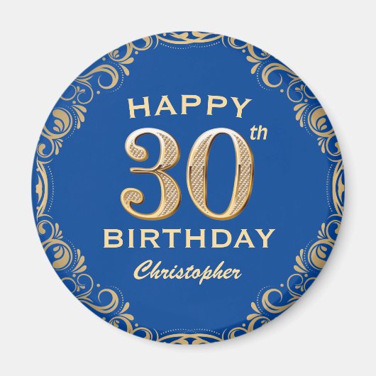 Aimant 30e anniversaire Parties scintillant bleue et or c (Devant)