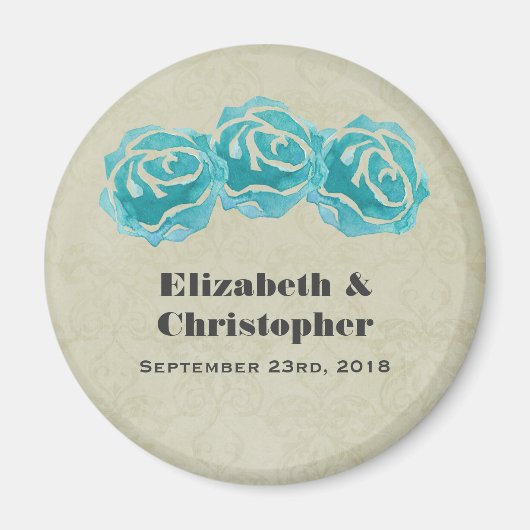 Aimant 3 Roses Turquoises d'aquarelle sur Tan Mariage dam (Devant)