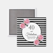 Aimant 40 fabuleux anniversaire noir rayures rose florale (Recto/Verso)