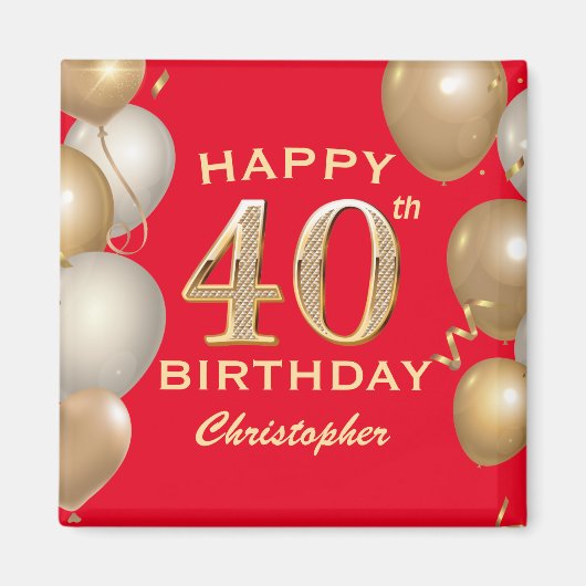 Aimant 40e Anniversaire des Ballons Rouge et Or (Devant)