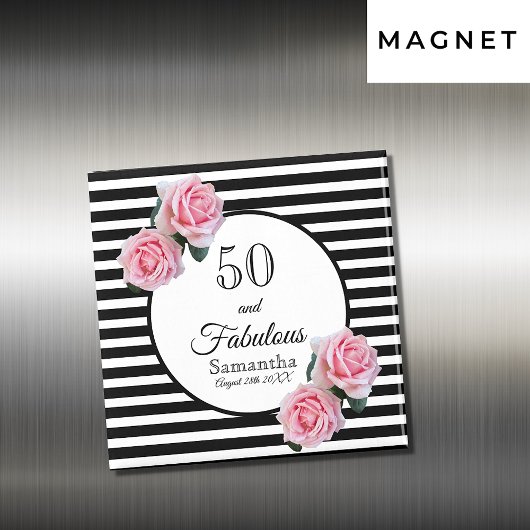 Aimant 50e anniversaire chic rose roses noir blanc rayure