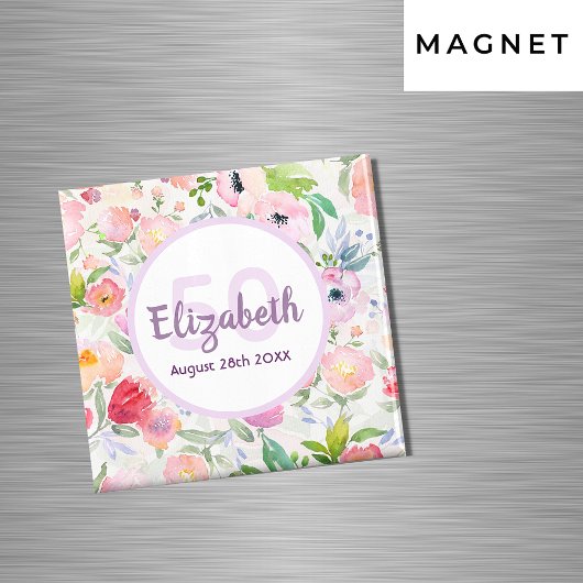 Aimant 50e anniversaire fleur romantique aquarelle rose