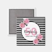 Aimant 50e anniversaire rose roses noir rayures nom (Recto/Verso)