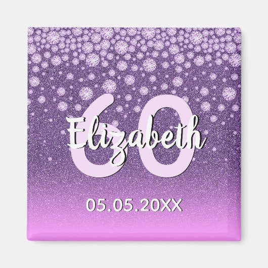 Aimant 60e anniversaire de la fête rose violet nom de la  (Devant)