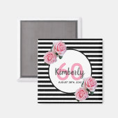 Aimant 60e anniversaire flores roses noir rayures nom (Recto/Verso)