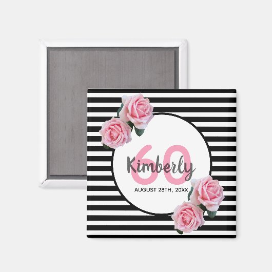 Aimant 60e anniversaire flores roses noir rayures nom (Recto/Verso)