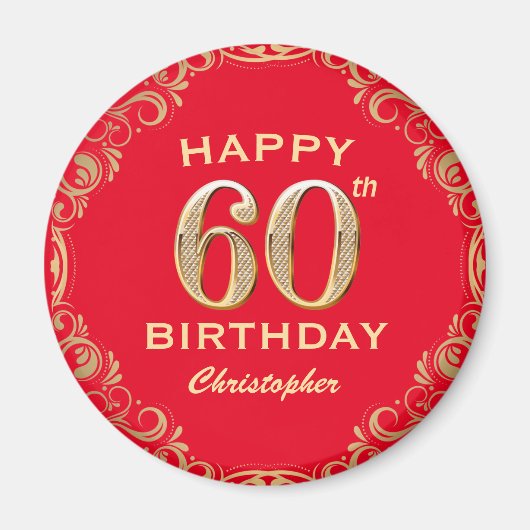 Aimant 60e anniversaire Parties scintillant rouge et or c (Devant)