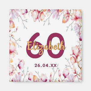 Aimant 60th birthday pink magnolia floral white name