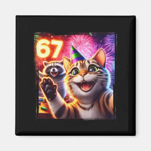 Aimant 67 Meme Cat Raccoon New Year Selfie Funny Birthday (Devant)