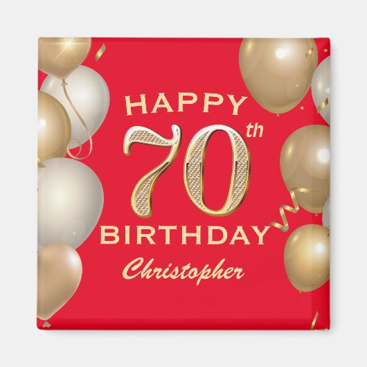 Aimant 70e Anniversaire de Ballons Rouge et Or (Devant)