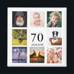 Aimant 70e anniversaire fête photo collage mec<br><div class="desc">Un aimant pour une fête de 70ème anniversaire pour un type, célébrant sa vie avec un collage de 8 de vos propres photos. Modèles pour l'âge de 70 ans et une date. Date de naissance ou date de la fête. Lettres de couleur noire. Fond blanc. Parfait comme une faveur de...</div>