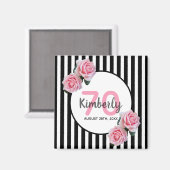 Aimant 70e anniversaire flores roses noir rayures nom (Recto/Verso)