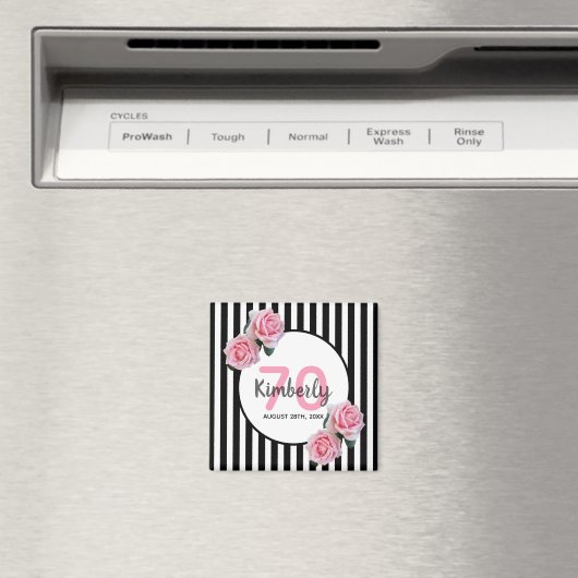 Aimant 70e anniversaire flores roses noir rayures nom (In Situ (Lave-vaisselle))