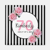 Aimant 70e anniversaire flores roses noir rayures nom (Devant)