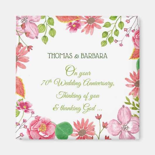 Aimant 70e anniversaire Mariage religieux Fleurs (Devant)