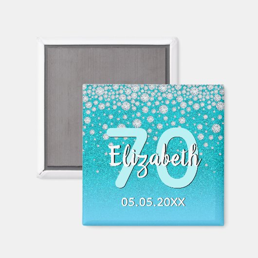 Aimant 70e anniversaire turquoise bleu parties scintillan (Recto/Verso)