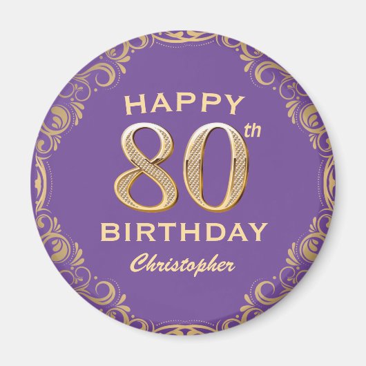 Aimant 80e anniversaire fête violet et Parties scintillan (Devant)