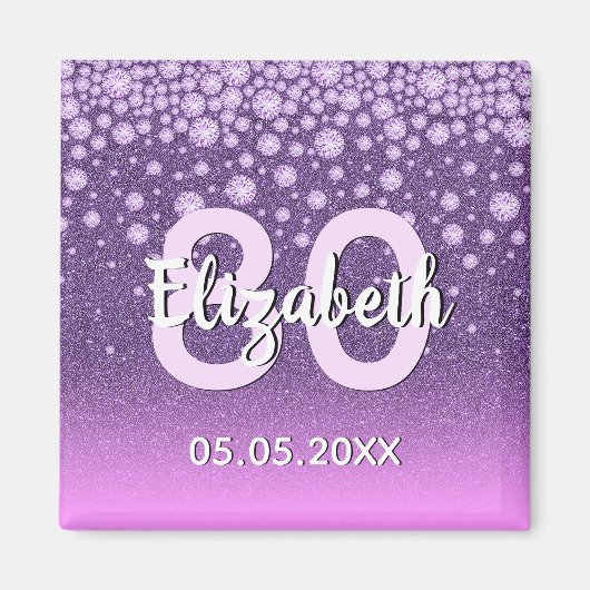 Aimant 80e anniversaire violet rose parties scintillant n (Devant)