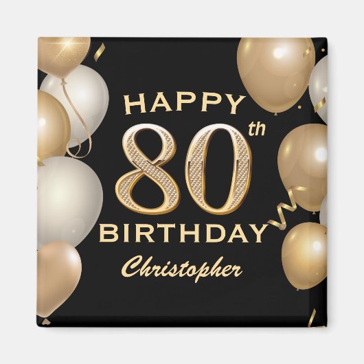 Aimant 80e fête d'anniversaire Ballons noirs et or (Devant)
