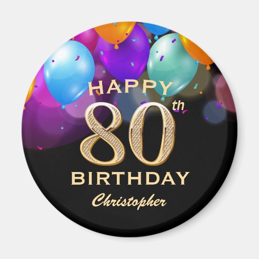 Aimant 80e fête d'anniversaire Ballons noirs et or (Devant)