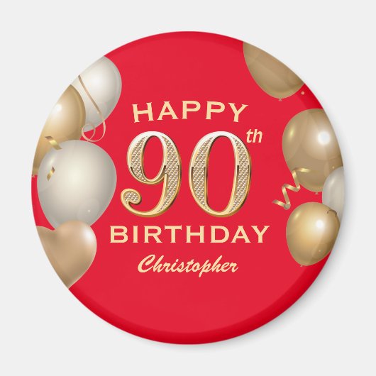 Aimant 90e Anniversaire des Ballons rouges et or (Devant)
