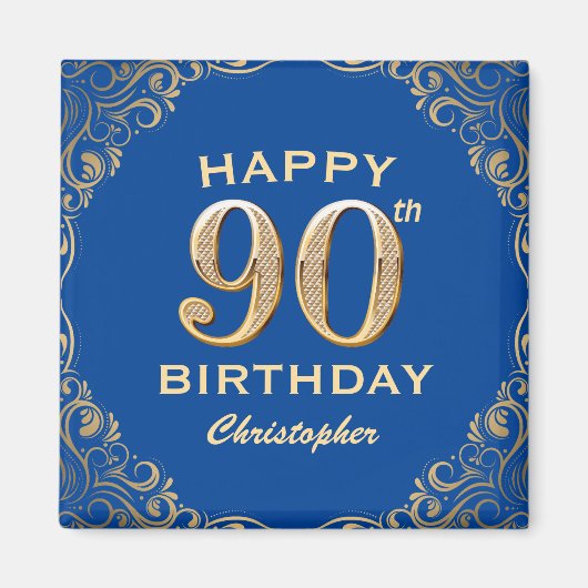 Aimant 90e anniversaire Parties scintillant bleue et or c (Devant)