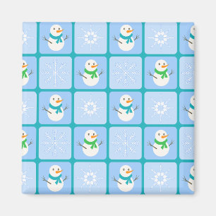 Aimant À damiers hiver bonhomme de neige motif et flocons