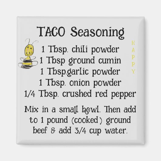 Aimant Abeille assaisonnante Taco heureux 2 pouces Carré (Devant)