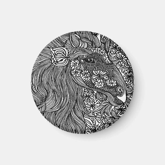 Aimant Abstract Horse face Flowers Original ink Art (Devant)