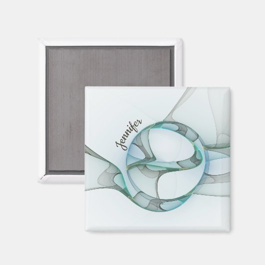 Aimant Abstrait moderne Fractal Blue Turquoise Grey Nom (Recto/Verso)
