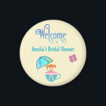 Aimant Accueil Fête des mariées de nom personnalisé<br><div class="desc">Le nom de votre mariée met en évidence ces mignons papillons teacup Bienvenue magnets de douche nuptiale.</div>