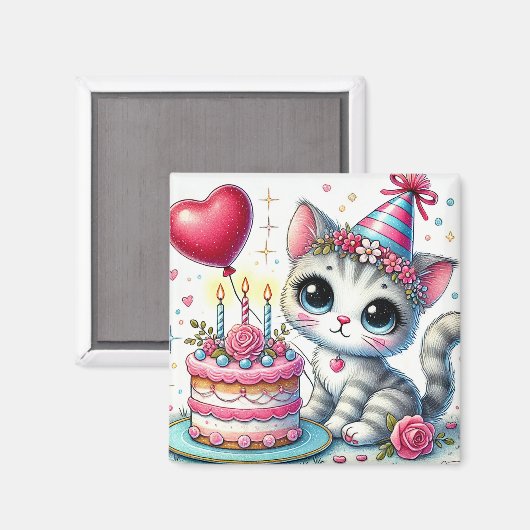 Aimant Adorable Chat Célébrer Anniversaire avec gâteau (Recto/Verso)