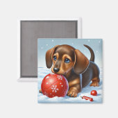 Aimant Adorable Chiot Dachshund Jouant Avec Boule Rouge (Recto/Verso)