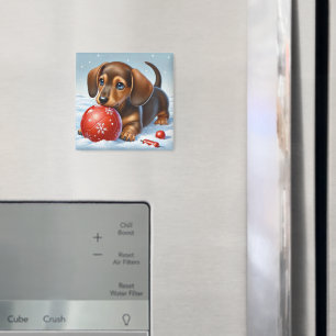 Aimant Adorable Chiot Dachshund Jouant Avec Boule Rouge