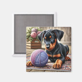 Aimant Adorable Chiot noir et tan avec balle en fils (Recto/Verso)