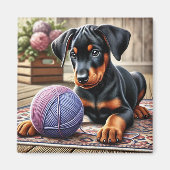 Aimant Adorable Chiot noir et tan avec balle en fils (Devant)